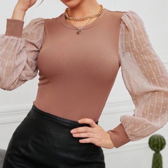 Boho dusty pink ribbed knit Swiss dot sleeve - Picture 2 of 4